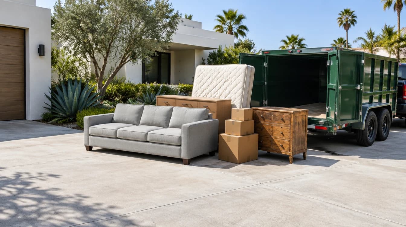 Concept campaign scene showing furniture, boxes and a mattress ready for removal beside a green trailer